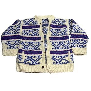 Vintage Cowichan Style Wool Cardigan Hand Knit Ecuador Nordic Chunky Sweater